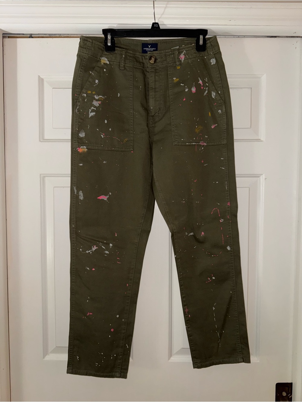 American Eagle Olive Green Painter Utility Pants - Distressed Paint Splatter NEW